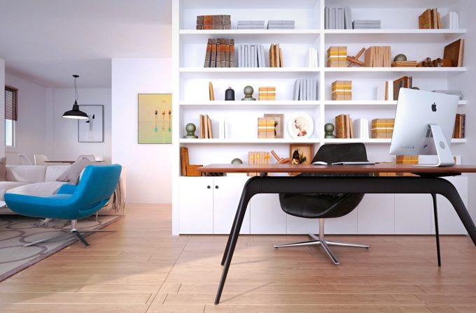 Aménagement intérieur sur mesure d'un grand bureau ouvert design à coté du salon dans un appartement moderne