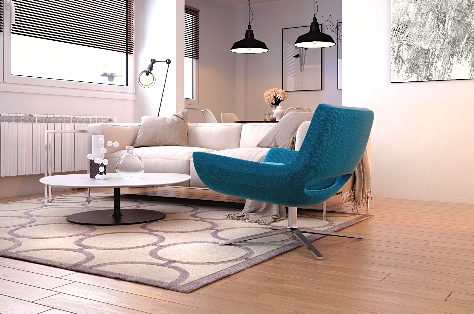 dans un appartement moderne on apperçoit un capae beigne tres confortable, un fauteuil bleu turquoise, une table de salon balcnhe avec un pied noir et un tais beige et gris
